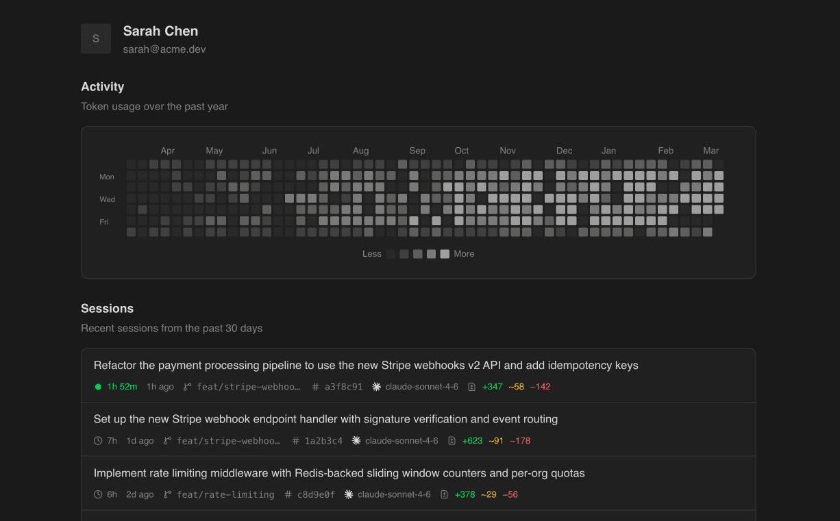 Developer activity profile with heatmap and recent sessions